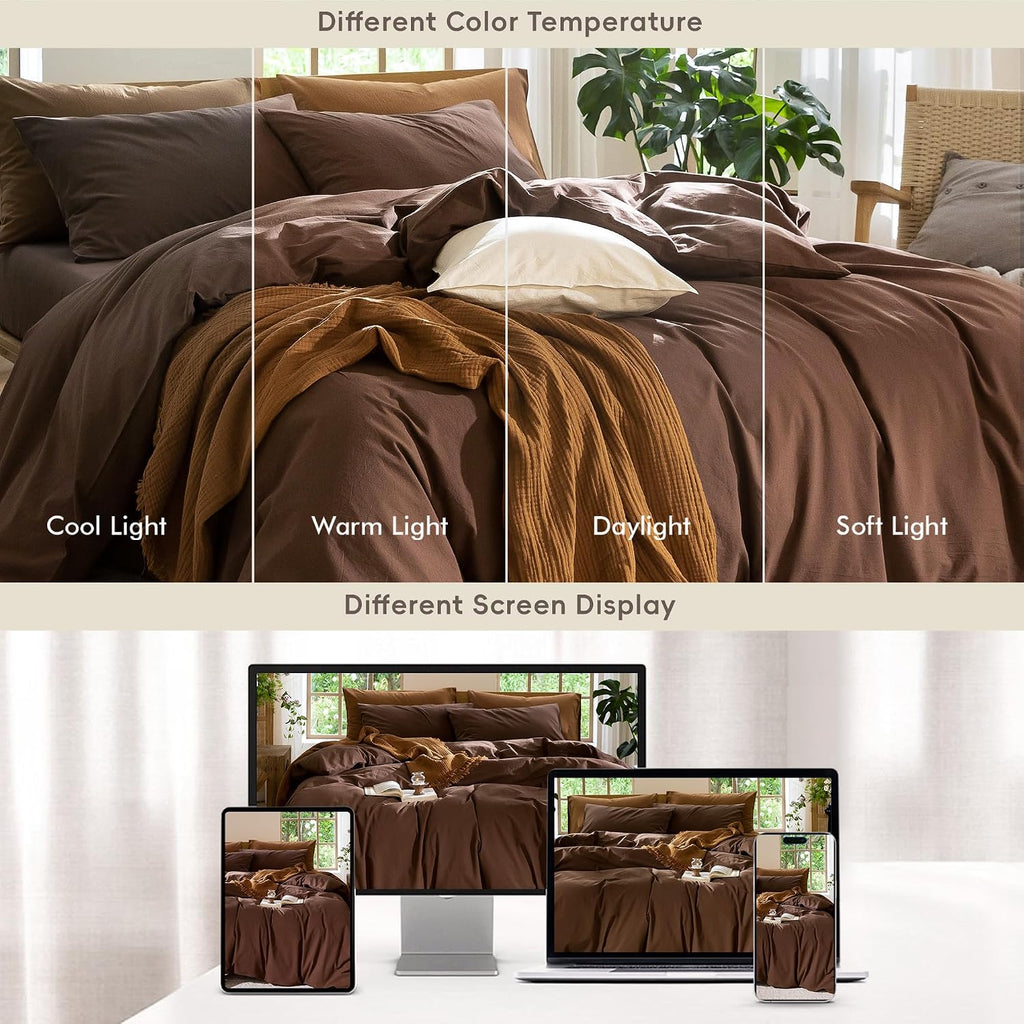 Bedding Duvet Cover Set 100% Washed Cotton Linen Like Textured Breathable Durable Soft Comfy (Solid Cocoa Brown