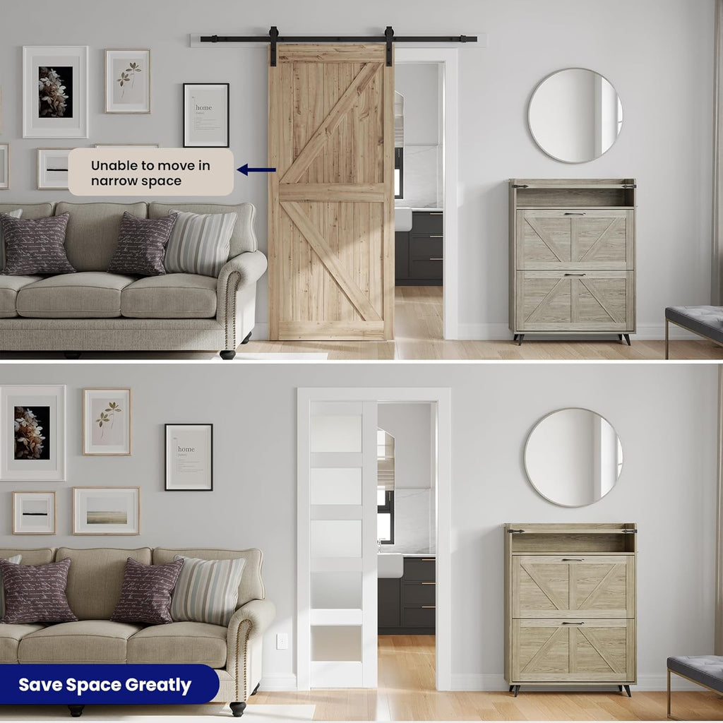 Sliding Pocket Door 24" x 80", 5-Panel Frosted Glass Panel with Soft Close Pocket Door Frame Kit, In