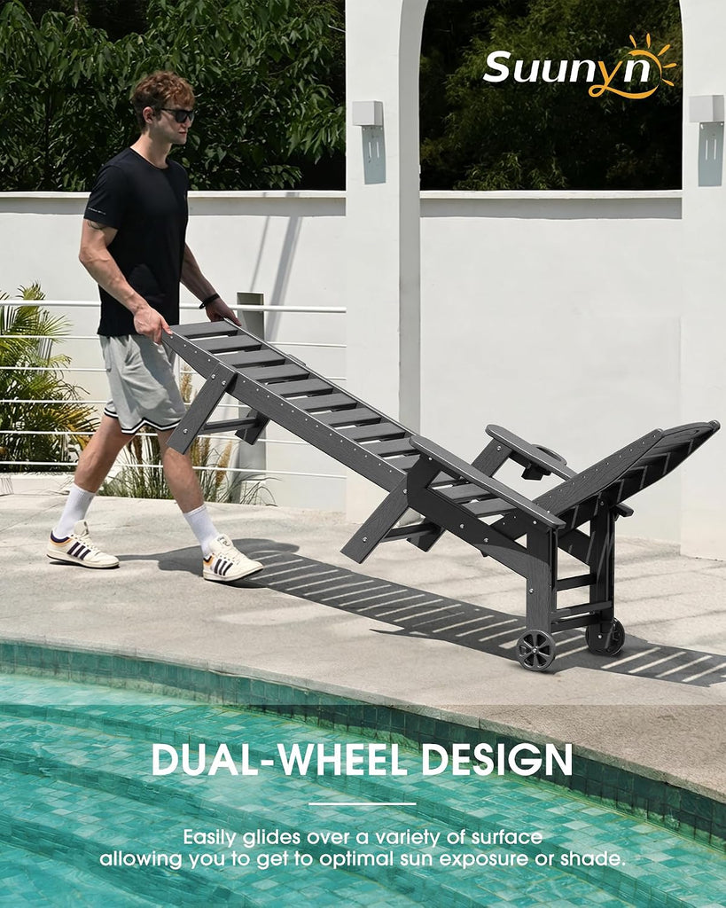 Oversized HDPE Outdoor Chaise Lounge Chair Set of 2, Dark Grey | All-Weather HDPE lounge chair, 5-level adjustable