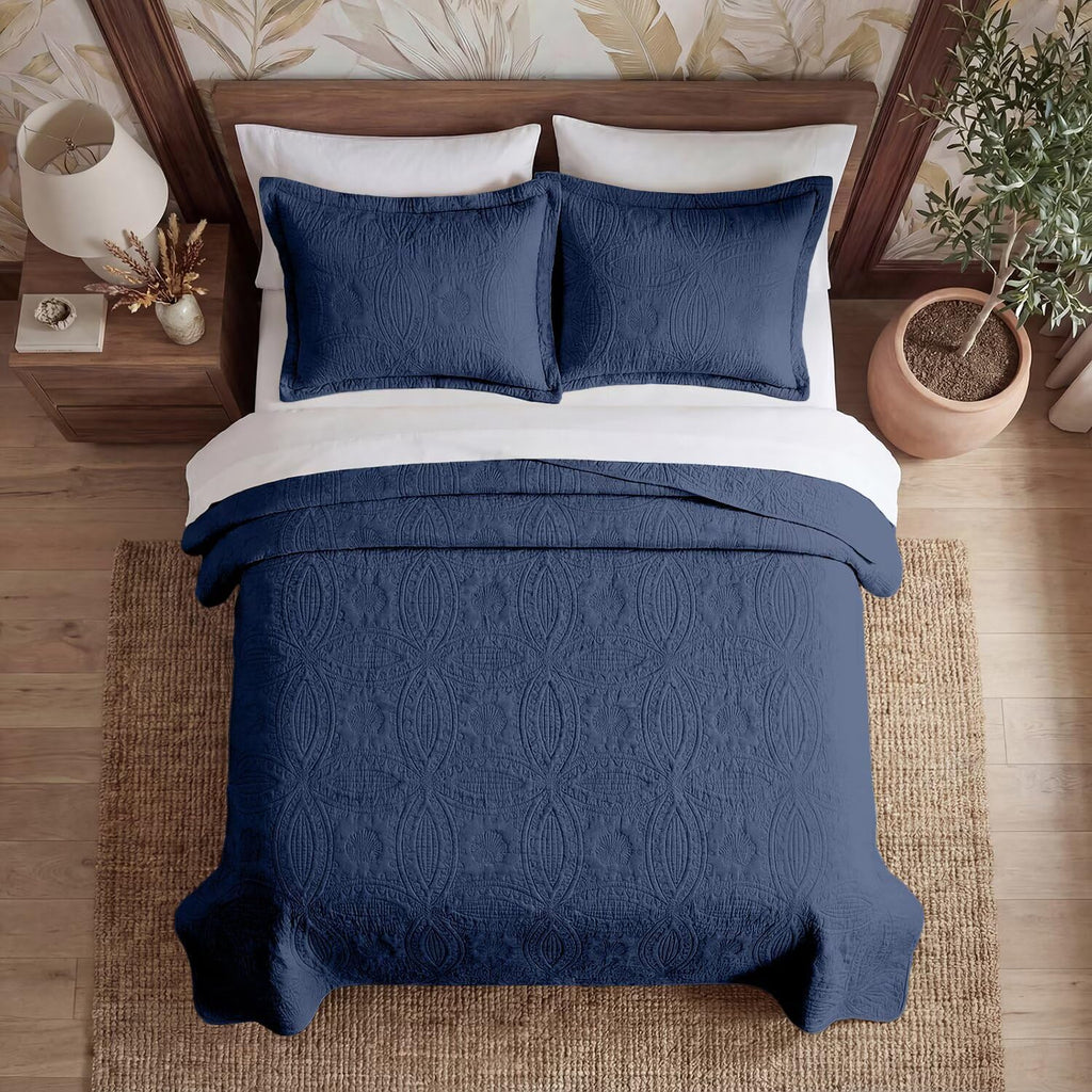 Queen Quilt Bedding Sets,Dark Blue Ultrasonic Lightweight King Coverlet,Coin Pattern Soft Bedspreads for All Season