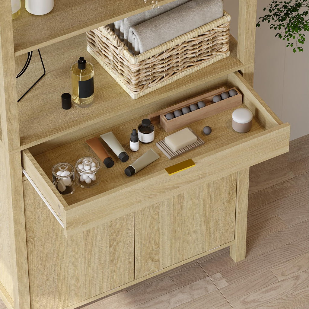Double Tilt Out Laundry Hamper with Drawer, Hidden Laundry Hamper Cabinet with Open Shelves & 2 Tilt Out Trash