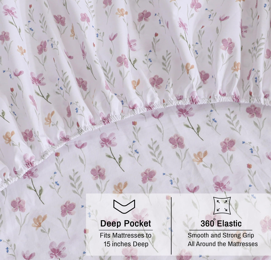 100% Cotton Organic Percale King Size Sheets Set, Obsessed Stems