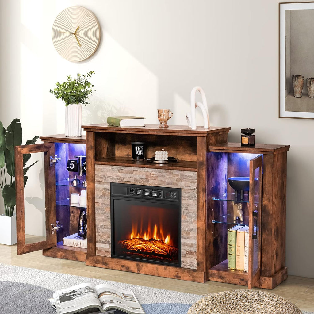Electric Fireplace TV Stand, Electric Fireplace Mantel with 16-Color Led Lights, Adjustable Glass Shelves