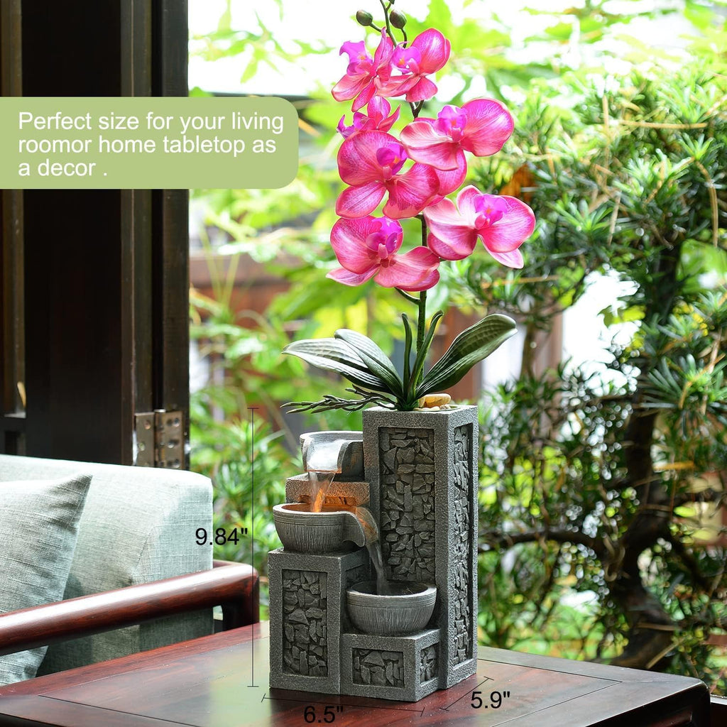 Indoor Tabletop Water Fountain - 3-Tier Resin Waterfall with LED Lights, Mini Bonsai Planter & Cascading Water Flow