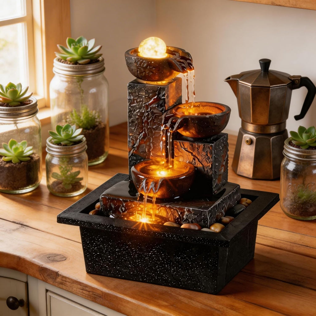 Three Bowls with Rotating Ball Flowing Tabletop Fountain Home Décor Indoor Decor Waterfall Sound Zen Mini Fountain