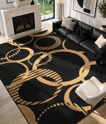 Washable Area Rugs Non Slip, Black and Gold Living Room Rug
