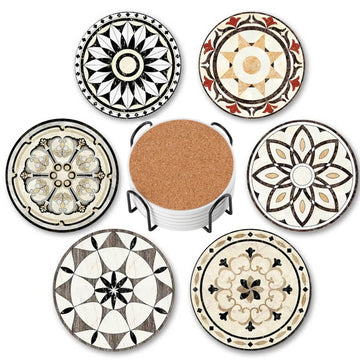 Coasters Set of 6 with Holder, 4 in Absorbent Ceramic Boho Mats