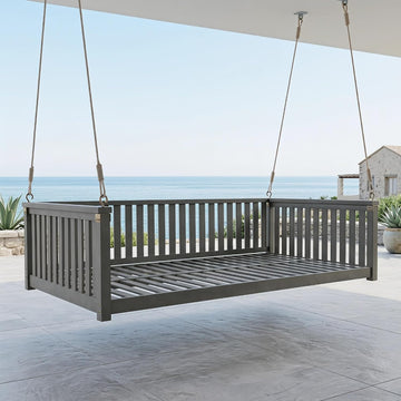 Twin Size Porch Swing Bed, Acacia Wood Hanging Daybed with Ropes for Outdoor Patio, Backyard & Garden, Heavy Duty