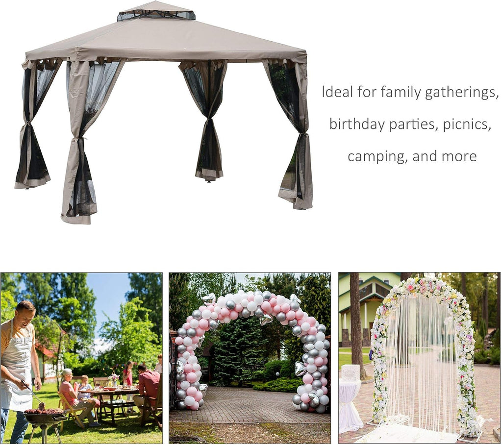 9.6' x 9.6' Patio Gazebo, Outdoor Canopy Shelter with 2-Tier Roof and Netting, Steel Frame and Deck, Taupe
