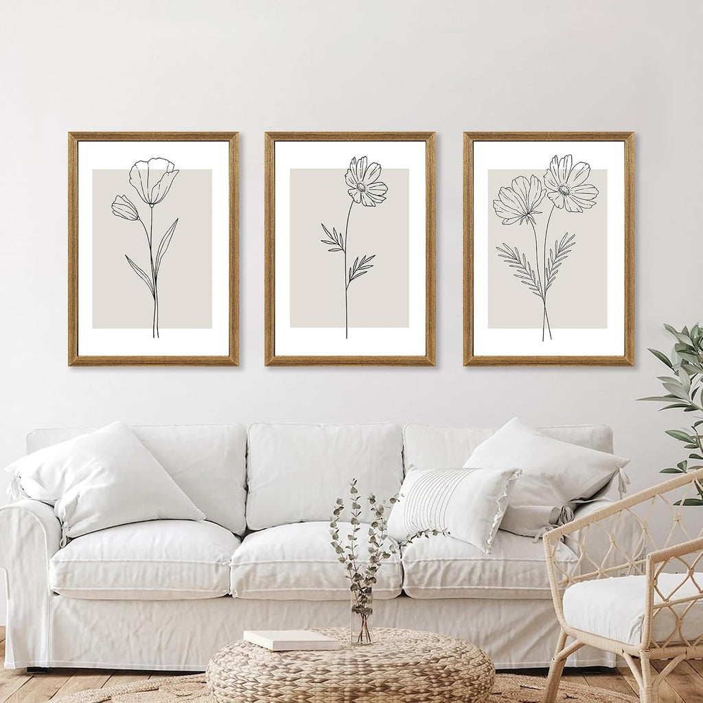 Neutral Botanical Floral Wall Art, Black and White Farmhouse Flowers Wall Decor, Modern Minimalist Line Art Canvas