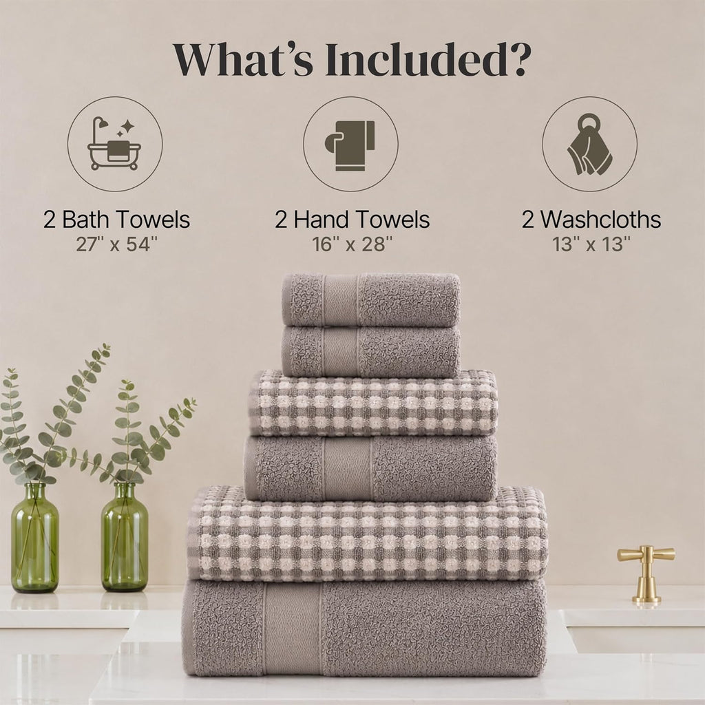 6 Piece Cotton Bath Towel Set - Ultra Soft 600 GSM Towels - Bathroom Set with Hand Towels and Washcloths - Waffle