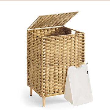 Laundry Hamper with Lid, 25 Gal (95L) PE Rattan Laundry Basket with Removable Washable Liners, Goose Yellow