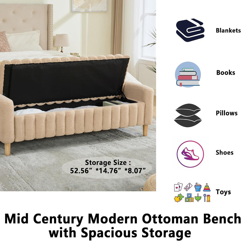 Teddy Ottoman Bench with Storage,63.4" Armed Long Storage Benches for Bed End King Size,Channel Tufted Bedside Bench