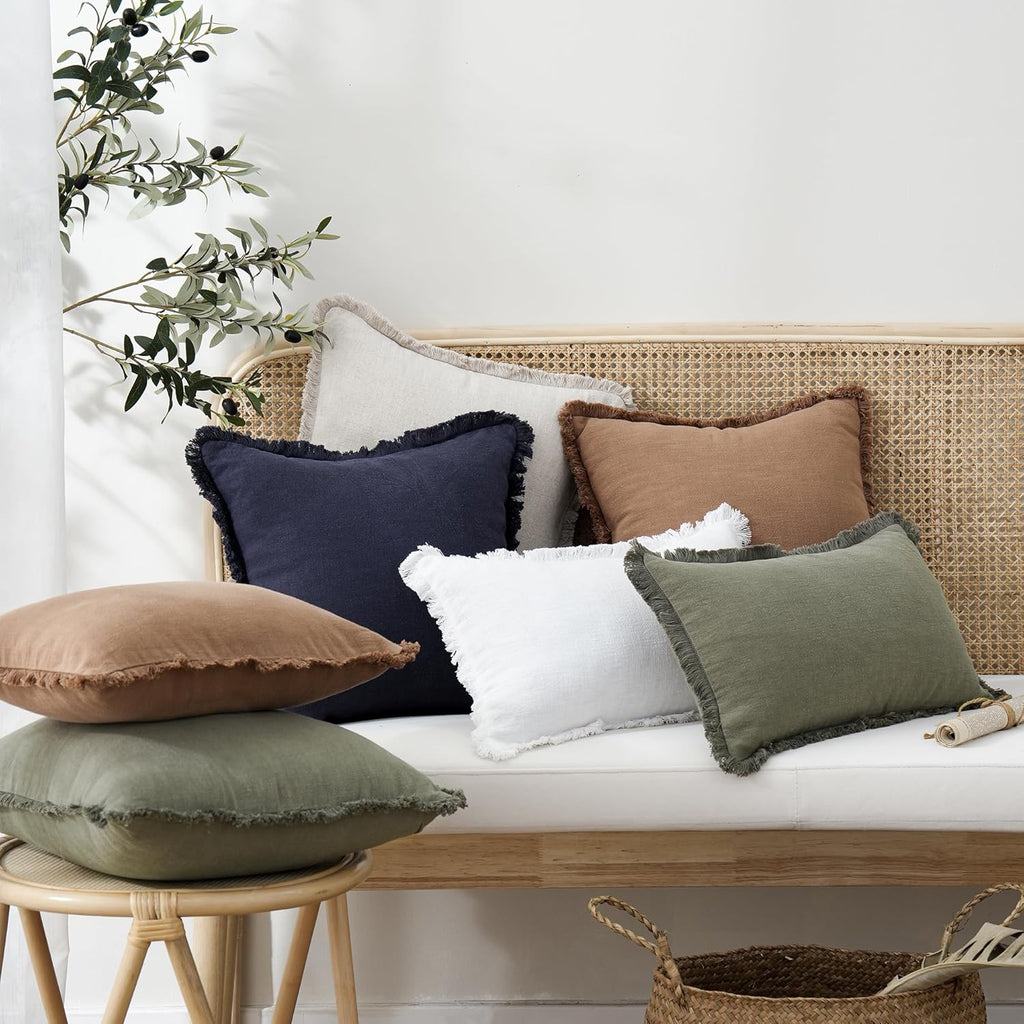 Set of 2 Decorative Linen Fringe Lumbar Throw Pillow Covers Boho Farmhouse Cushion Cover with Tassels Soft Accent