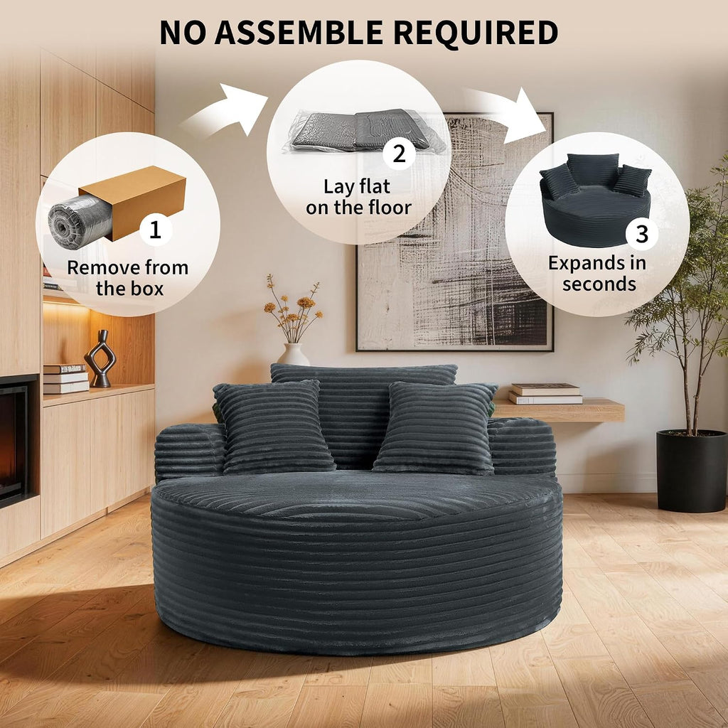 55'' Oversized Round Chaise Lounge Chair Indoor, Upholstered Corduroy Cloud Circle Chair with 3 Pillows, Deep Seat