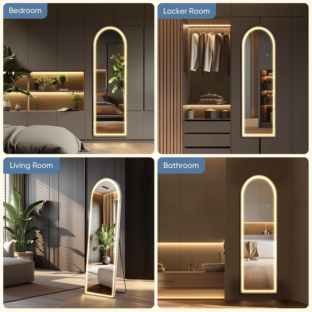 Arched LED Mirror Full Length with Stand, 16"×60" Full Body Wall Mirror with LED Lights 3 Color Lighting, Hanging or
