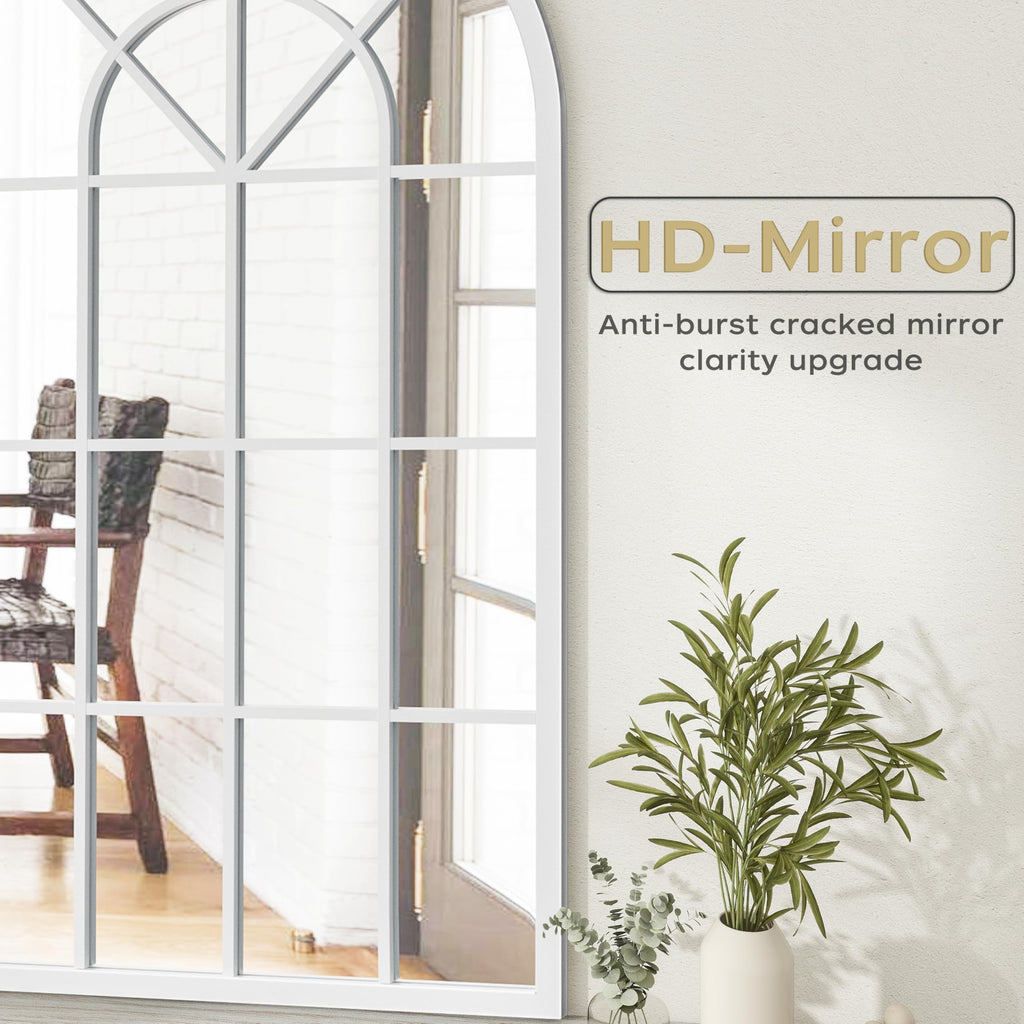 Arched Wall Mirror, 42"x30" Metal Frame Windowpane Mirror, White