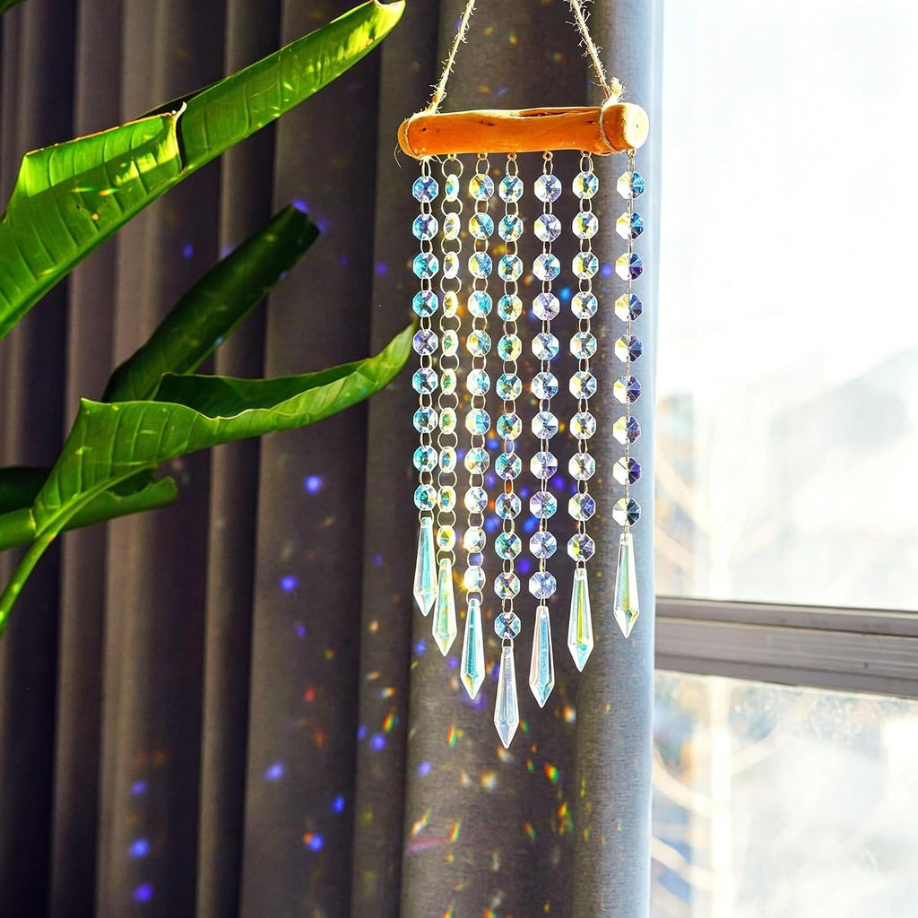 13 Inch Crystal Wind Chime, Hanging Prism Suncatcher Decor - Crystal Wind Chime with Colorful Glass Bead Chain