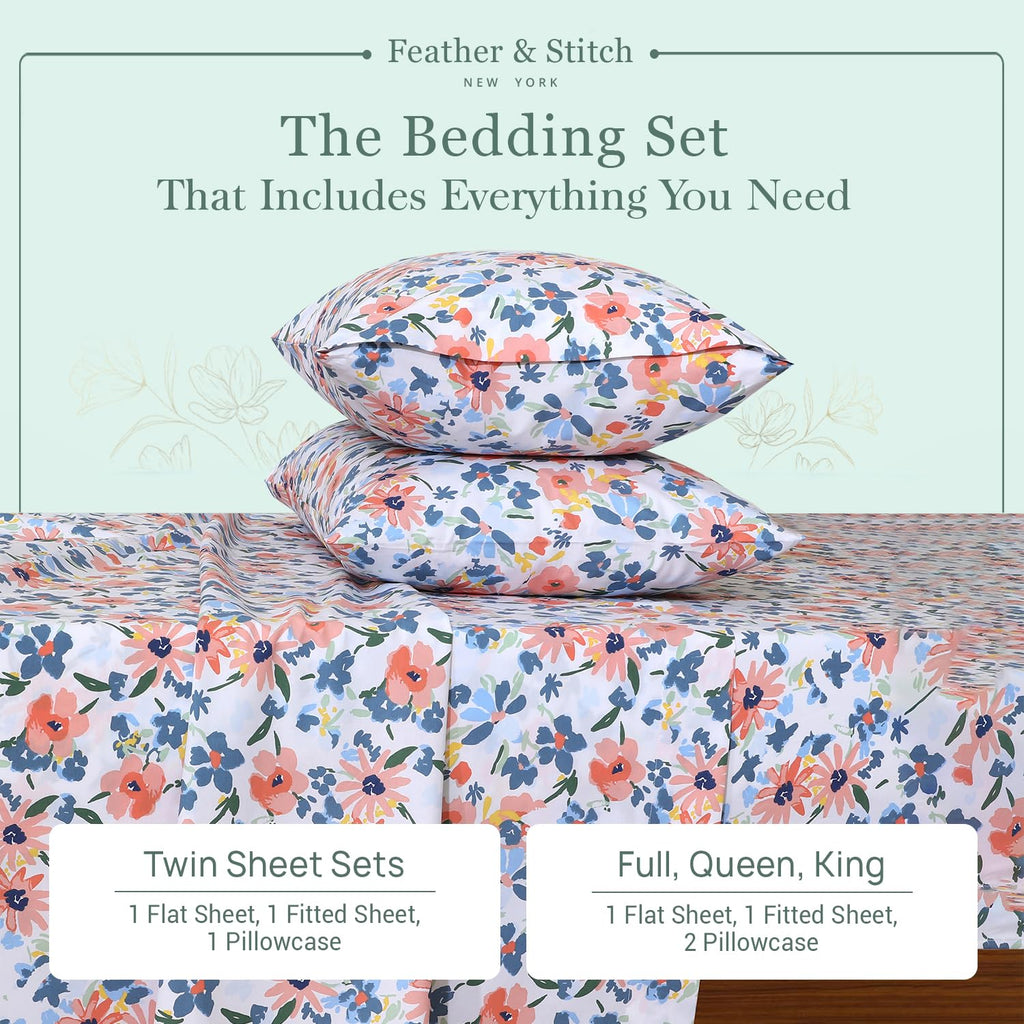 & Stitch 100% Cotton Percale 300 Thread Count Queen 4 Pc Sheet Set
