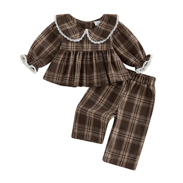 Baby Girl Peter Pan Collar Outfit Gingham Top Pants Set Fall Winter Clothes (Brown, )