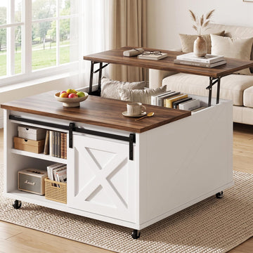 31.5" Lift Top Coffee Table with Wheels & Storage, Square Farmhouse Lift Tabletop Coffee Tables with Large Hidden
