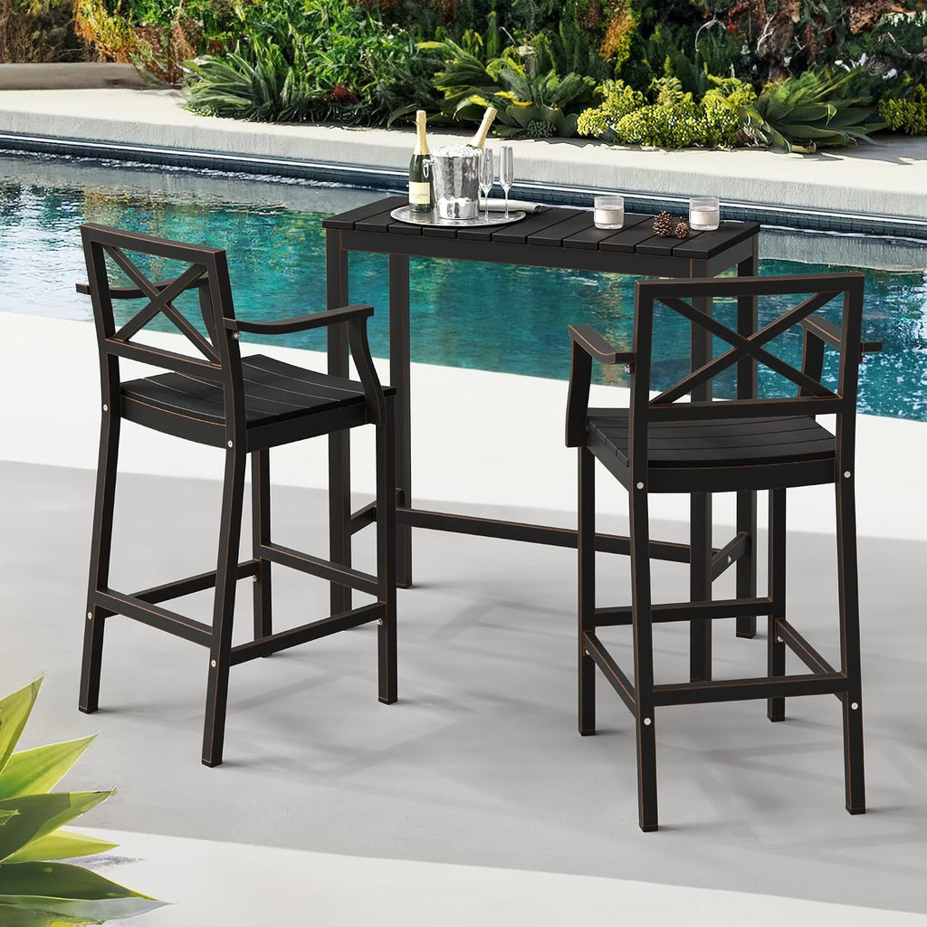 Outdoor Bar Stools Set of 2, 26 Inch All Weather HDPS Patio Counter Height Barstools with Back & Footrest, Aluminum