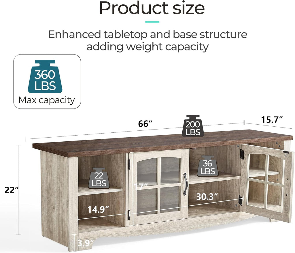 TV Stand for 75 Inch TV, Modern Farmhouse Entertainment Center with Storage Cabinets and Glass Doors, Tall Media