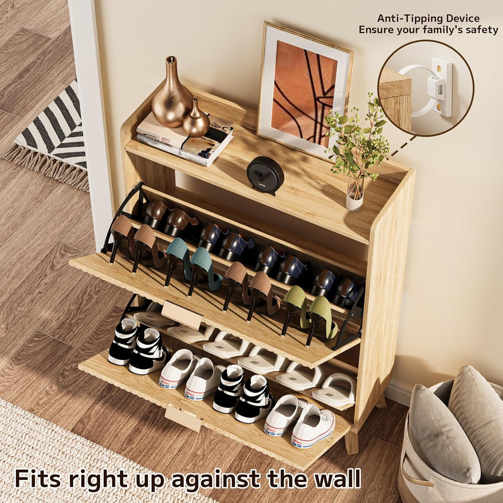 Fluted Shoe Cabinet Storage with 2 Flip Drawers, Wood Narrow Hidden Shoe Organizer with Adjustable Shelf