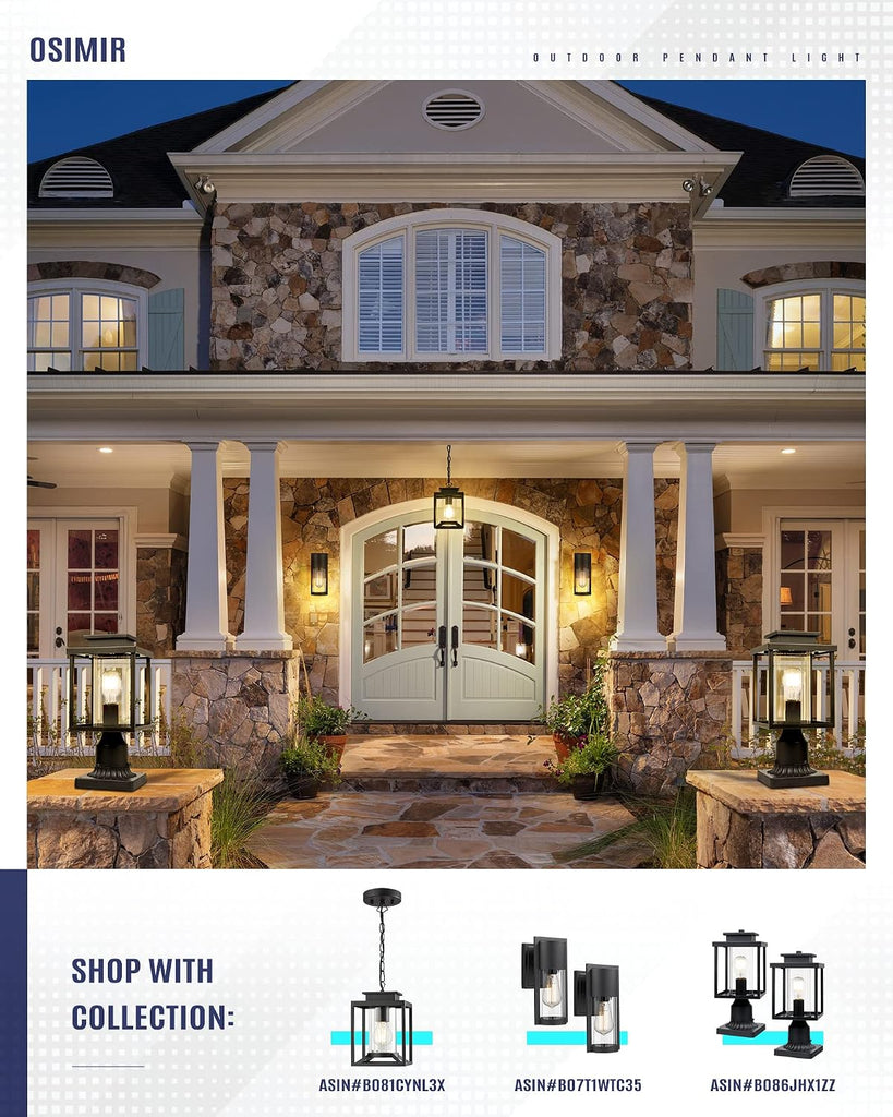Outdoor Pendant Light for Porch, 1-Light Black Hanging Porch Light Modern Exterior Hanging Lantern with Cylinder