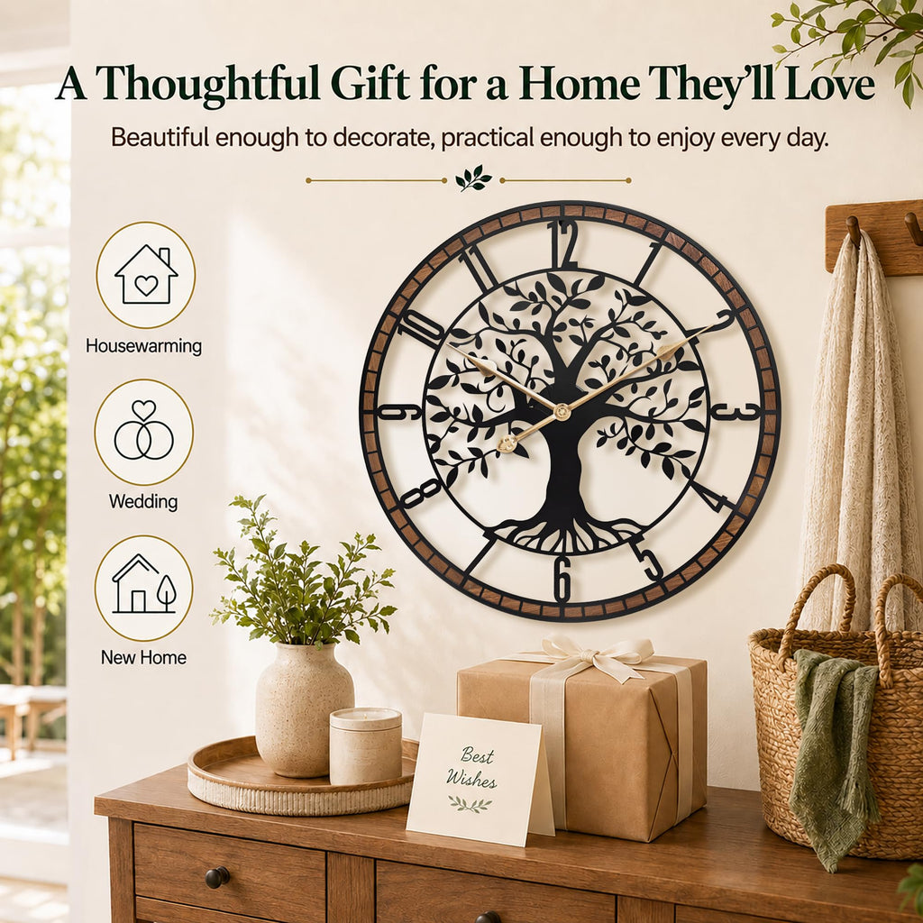 24 Inch Large Modern Metal Tree Wall Clock Decor, Wood Frame