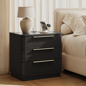 Black Nightstand with Charging Station, Modern Wood Nightstand Black Bedside Table, Wooden Nightstands with 3 Drawers