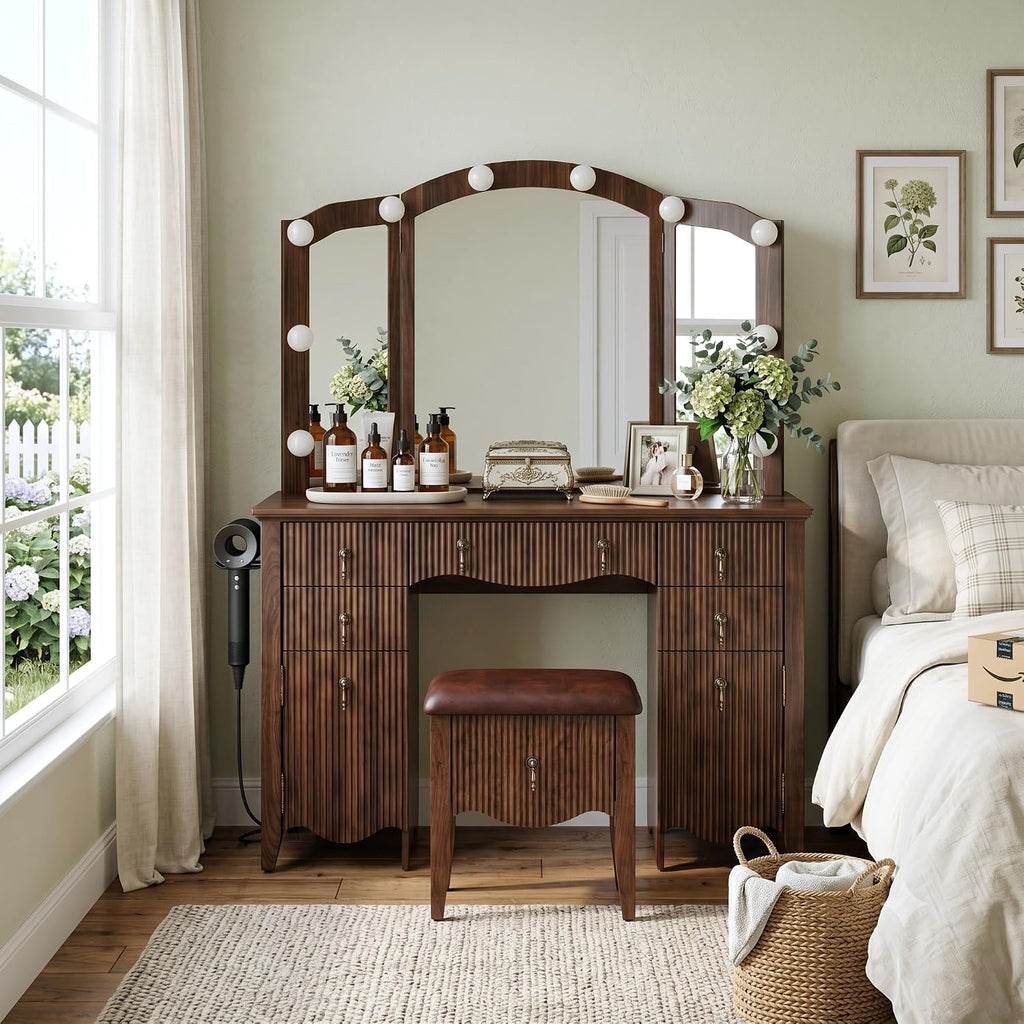 Vanity Desk with Mirror and Lights, Tri-Fold Fluted Makeup Vanity,Walnut | Power Outlet, Glass Top &,Wooden, Dressing