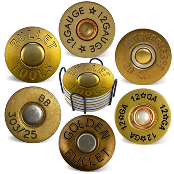 Coasters for Drinks with Holder Set of 6, Shotgun Shell Ceramic Coaster Absorbent Desk Table Coasters Kitchen Decor