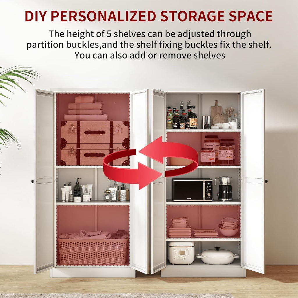 Kitchen Pantry Cabinet,61" White Pantry Storage Cabinet with 4 Tier Adjustable Shelves and 2 Doors,Freestanding