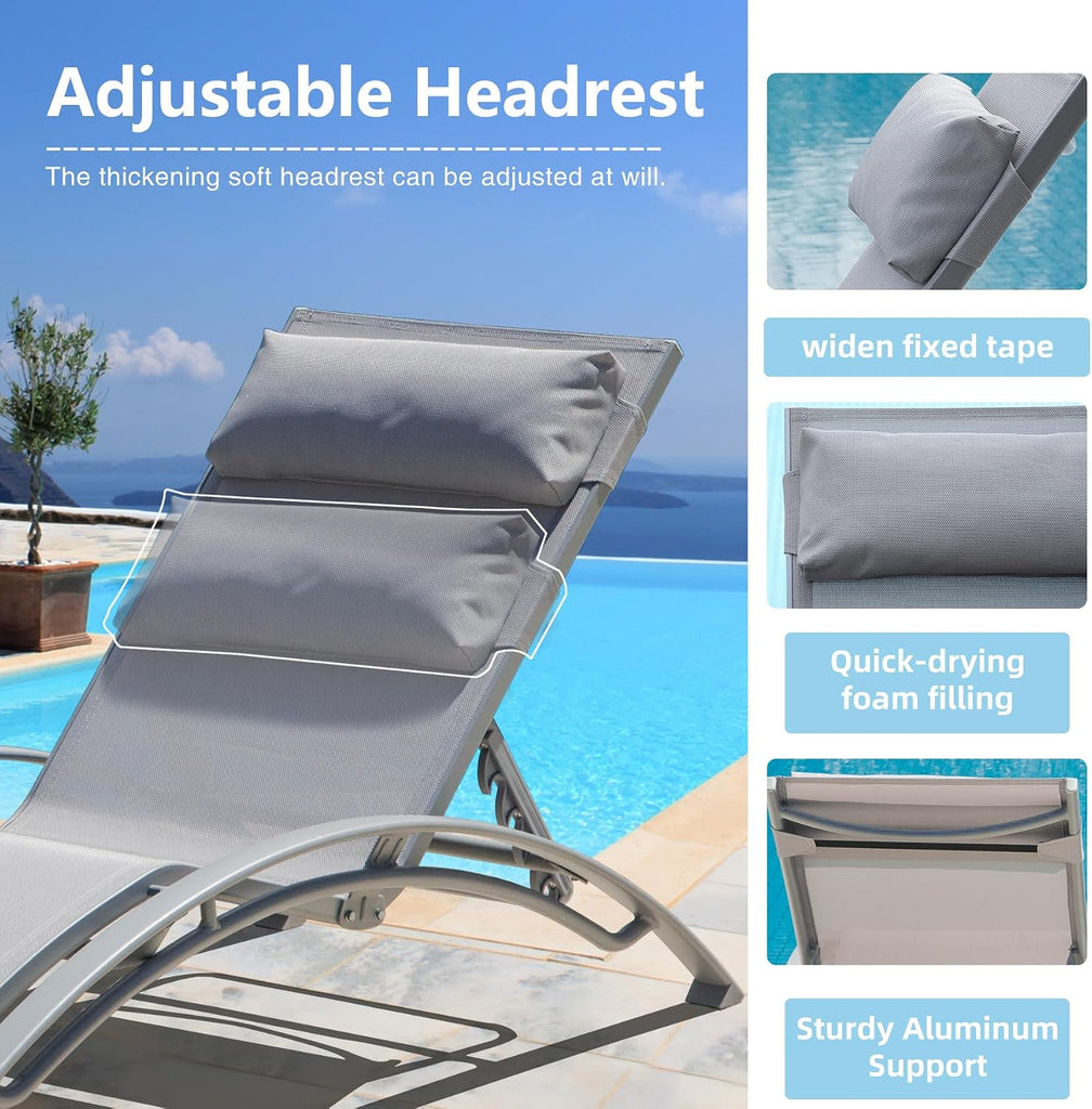 Lounge Chair Outdoor Pool Chaise Lounge Chair Set of 2 | Grey,for pool,Aluminum Adjustable,All Weather Poolside