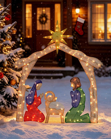 4FT Lighted 2D Outdoor Nativity Scene, Christmas Holy Family Set Decoration