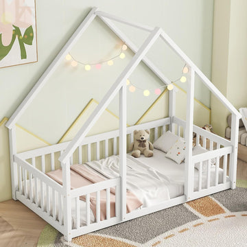Twin Floor Bed for Kids, Girls, Boys, Wood House Bed Frame, House Floor Bed for Kids, Twin Size Montessori Floor Bed
