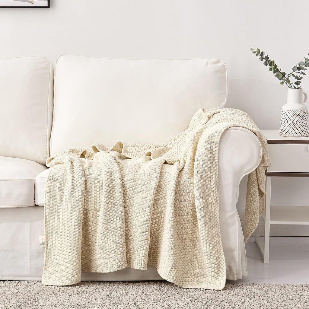 100% Cotton Knitted Throw Blanket - Cream, Soft & Cozy, Machine Washable, 60"x80"