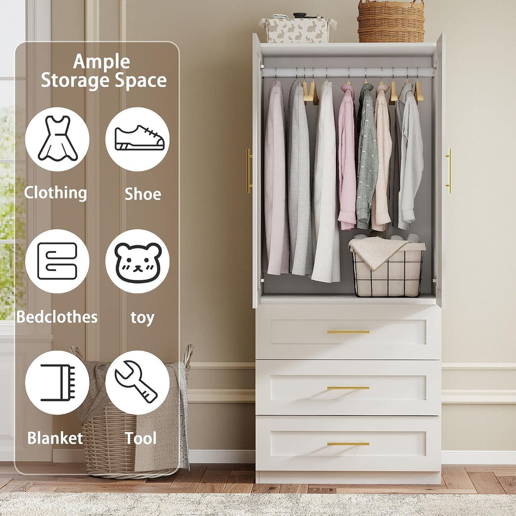 White Armoire Wardrobe Closet: 75" Large Wardrobe Closet with 3 Drawers, Bedroom Armoires with 2 Doors, Wooden Tall