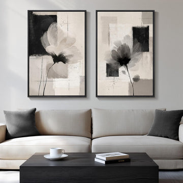 Large Framed Neutral Abstract Floral Wall Art, Set of 2 Black and Beige Modern Canvas Prints Paintings Artwork for