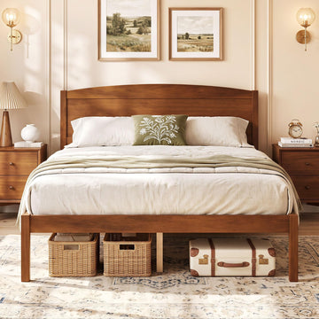 Full Size Wooden Bed Frame with Curved Headboard, Wood Slat Support