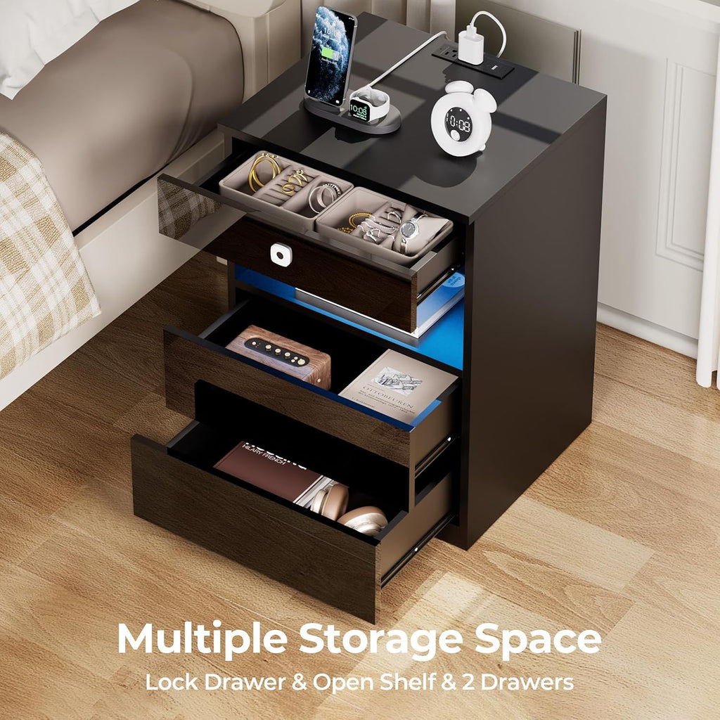 Smart Nightstand with Fingerprint Lock Drawer, Modern LED Nightstand with Charging Station, Bedside Table with Hidden