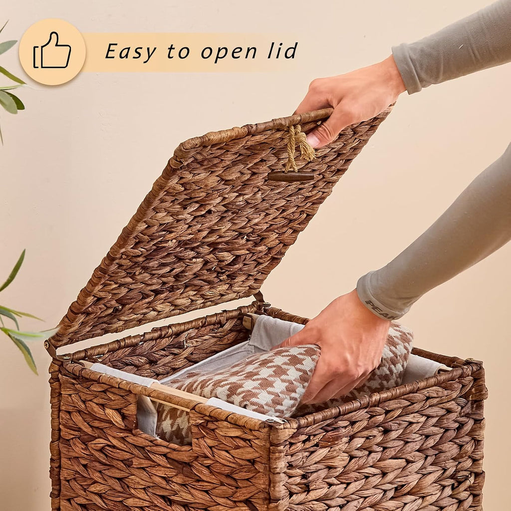 Handwoven Laundry Hamper with Lid, Natural Water Hyacinth Heightened Feet Laundry Basket, Wicker Clothes Hamper with