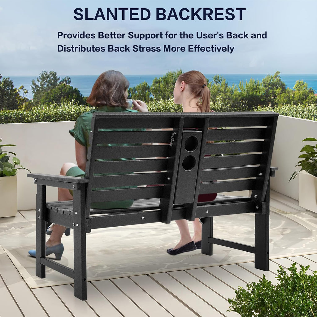 Outdoor Bench, HDPE 2-Person Garden Bench with Cup Holders | Weatherproof Patio Bench with Backrest & Armrests, 700