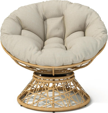 40" Ergonomic Wicker Papasan Chair, Beige, Natural Wood
