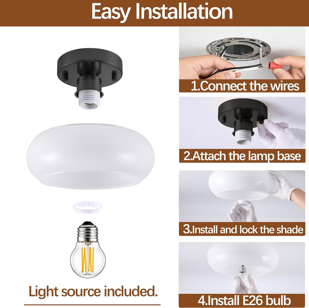 Black Semi Flush Mount Ceiling Light, Mid Century Modern Ceiling Light with Frosted Glass Shade, 11 Inch Close to