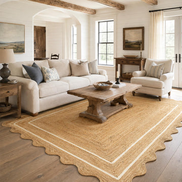 Jute Area Rug 9X12ft Natural Wave Scallop Ivory Border Handmade Rug