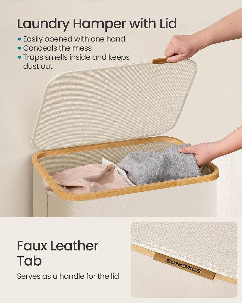 Laundry Hamper, Laundry Basket with Lid, Foldable Storage Basket, Bamboo Frame, Oxford Fabric, 37 Gal. (140 L), Cream