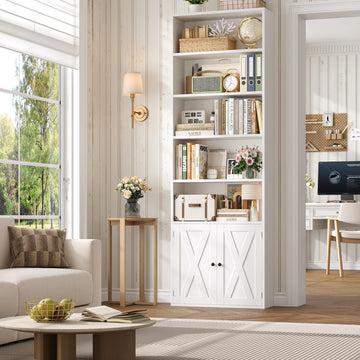 82" Tall Bookcase, Farmhouse Bookshelf with Doors, White
