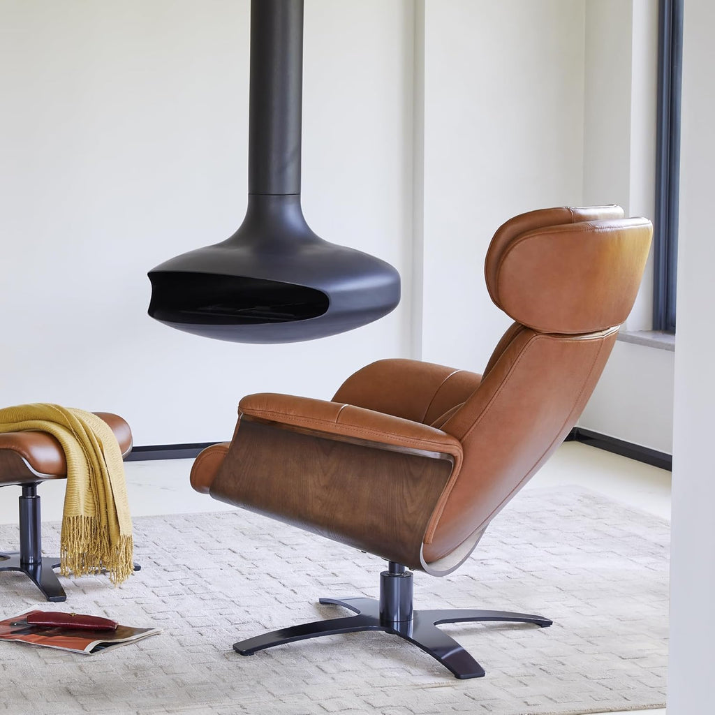Modern Reclining Swivel Lounge Chair and Ottoman — Saddle Genuine Leather